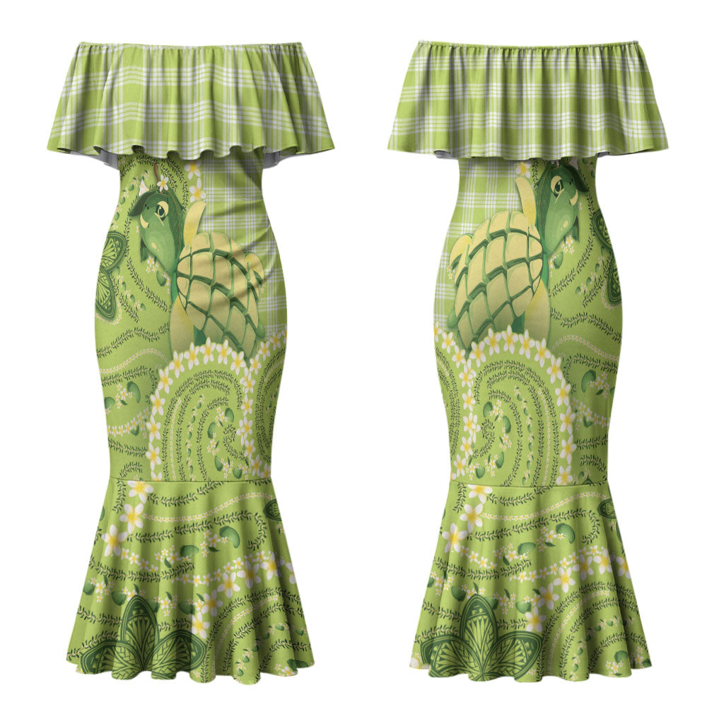 Hawaii Palaka Family Matching Mermaid Dress and Hawaiian Shirt Cute Green Mango Turtle On The Waves DT05 Mom's Dress Green - Polynesian Pride