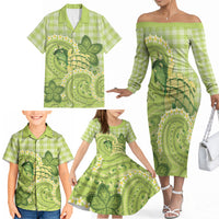 Hawaii Palaka Family Matching Off The Shoulder Long Sleeve Dress and Hawaiian Shirt Cute Green Mango Turtle On The Waves DT05 - Polynesian Pride