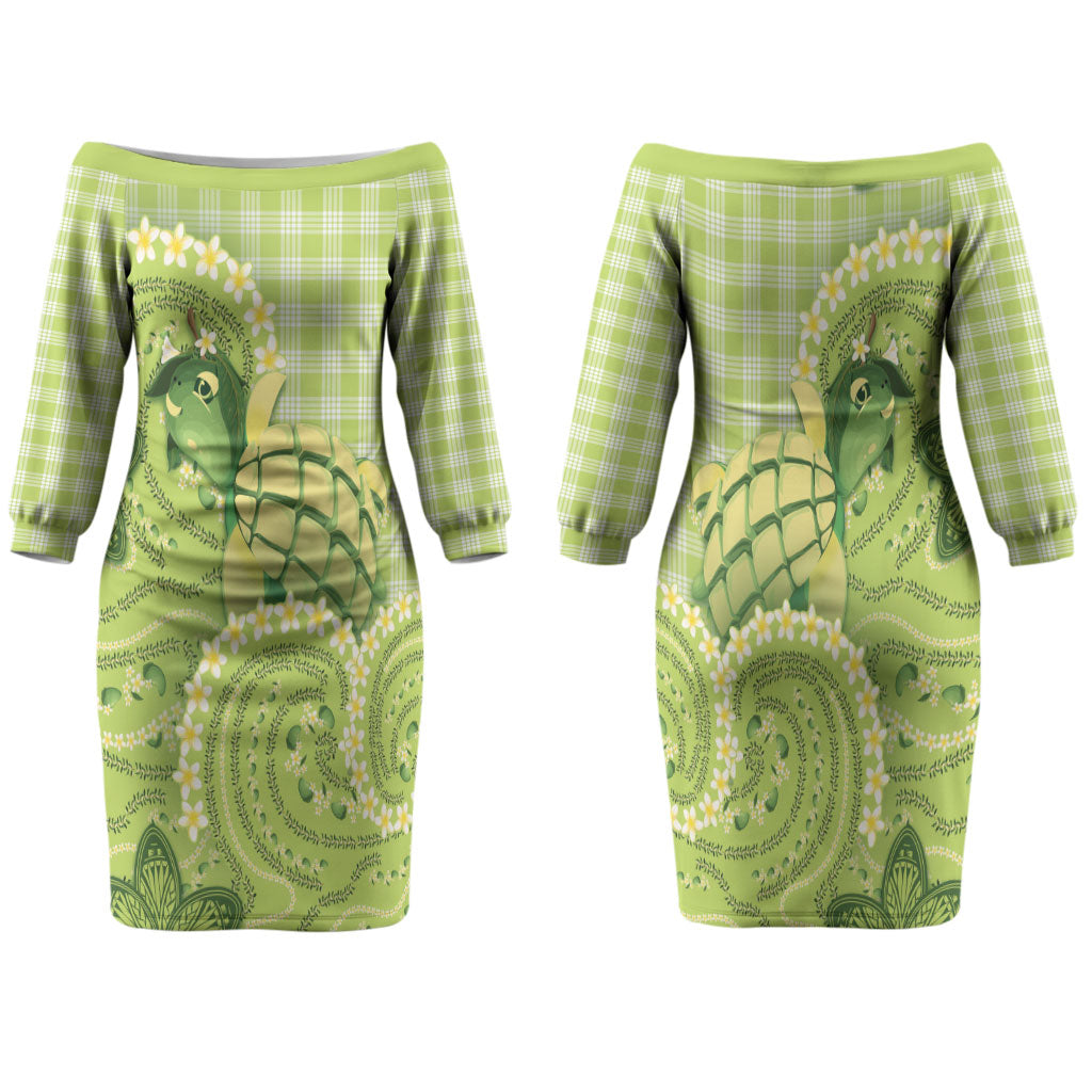 Hawaii Palaka Family Matching Off The Shoulder Long Sleeve Dress and Hawaiian Shirt Cute Green Mango Turtle On The Waves DT05 Mom's Dress Green - Polynesian Pride