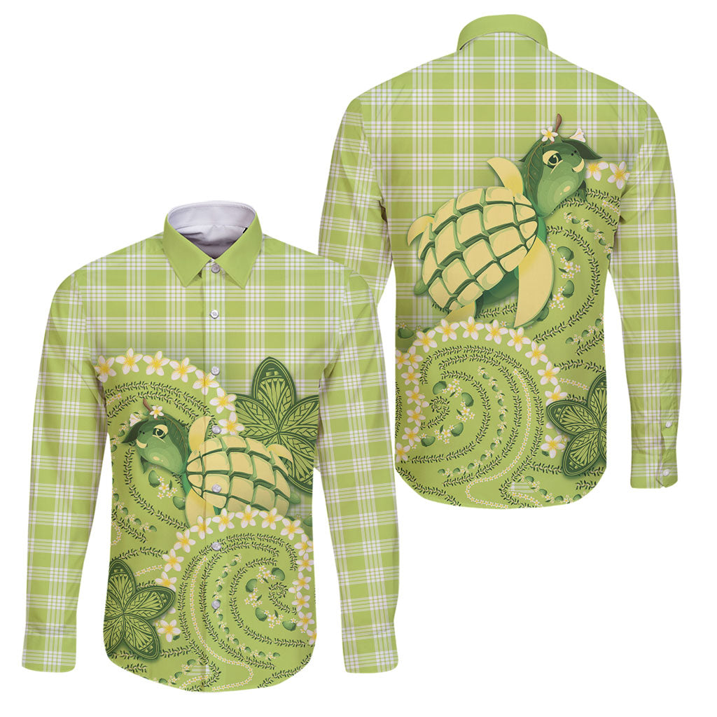 Hawaii Palaka Family Matching Off The Shoulder Long Sleeve Dress and Hawaiian Shirt Cute Green Mango Turtle On The Waves DT05 Dad's Shirt - Long Sleeve Green - Polynesian Pride