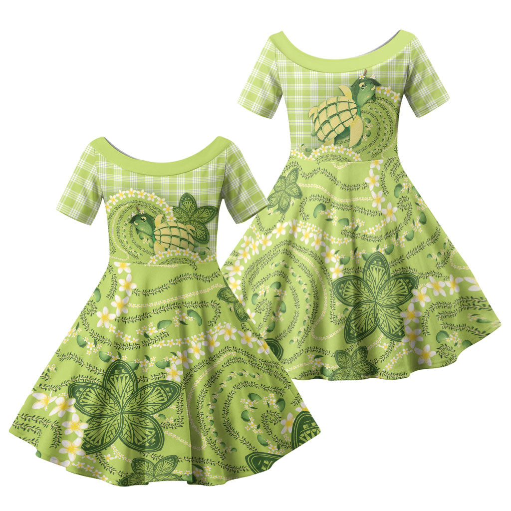Hawaii Palaka Family Matching Off Shoulder Maxi Dress and Hawaiian Shirt Cute Green Mango Turtle On The Waves DT05 Daughter's Dress Green - Polynesian Pride