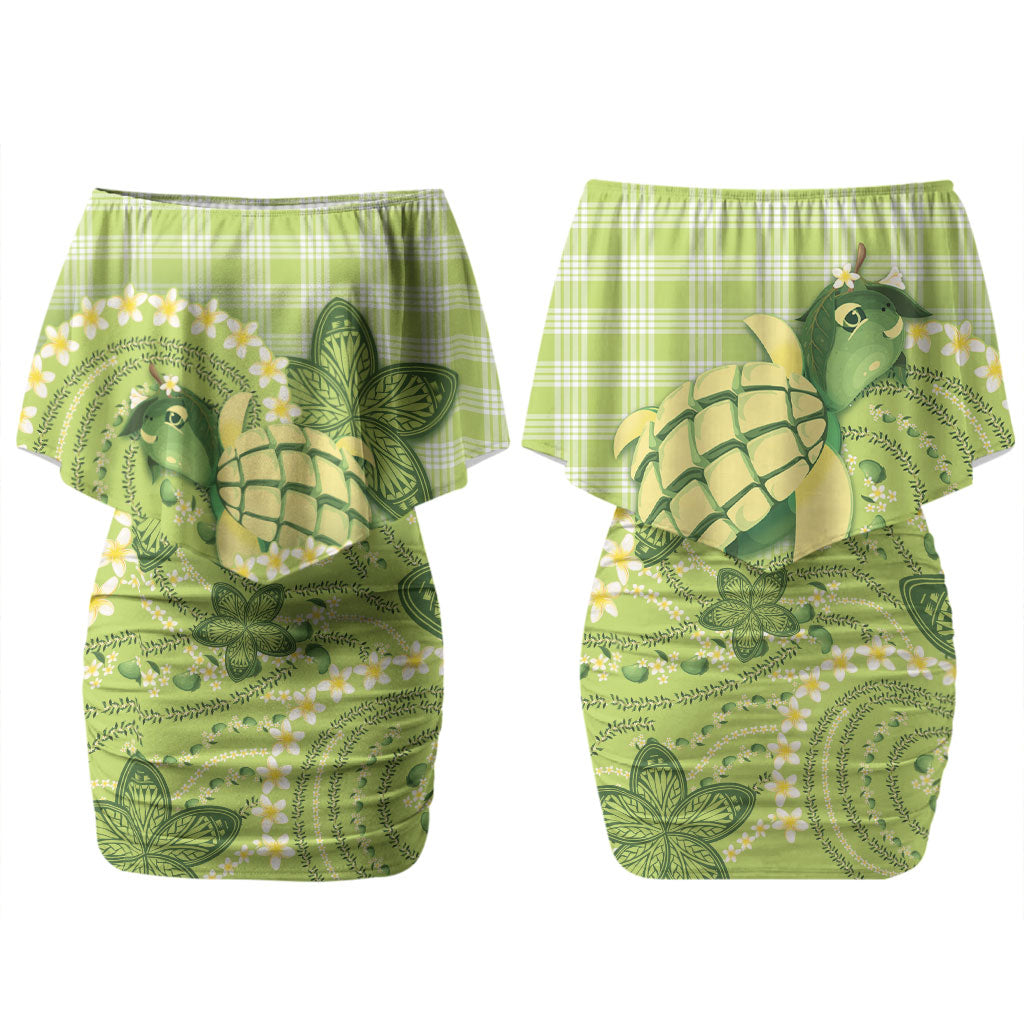 Hawaii Palaka Family Matching Off Shoulder Short Dress and Hawaiian Shirt Cute Green Mango Turtle On The Waves DT05 Mom's Dress Green - Polynesian Pride