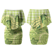 Hawaii Palaka Family Matching Off Shoulder Short Dress and Hawaiian Shirt Cute Green Mango Turtle On The Waves DT05 Mom's Dress Green - Polynesian Pride