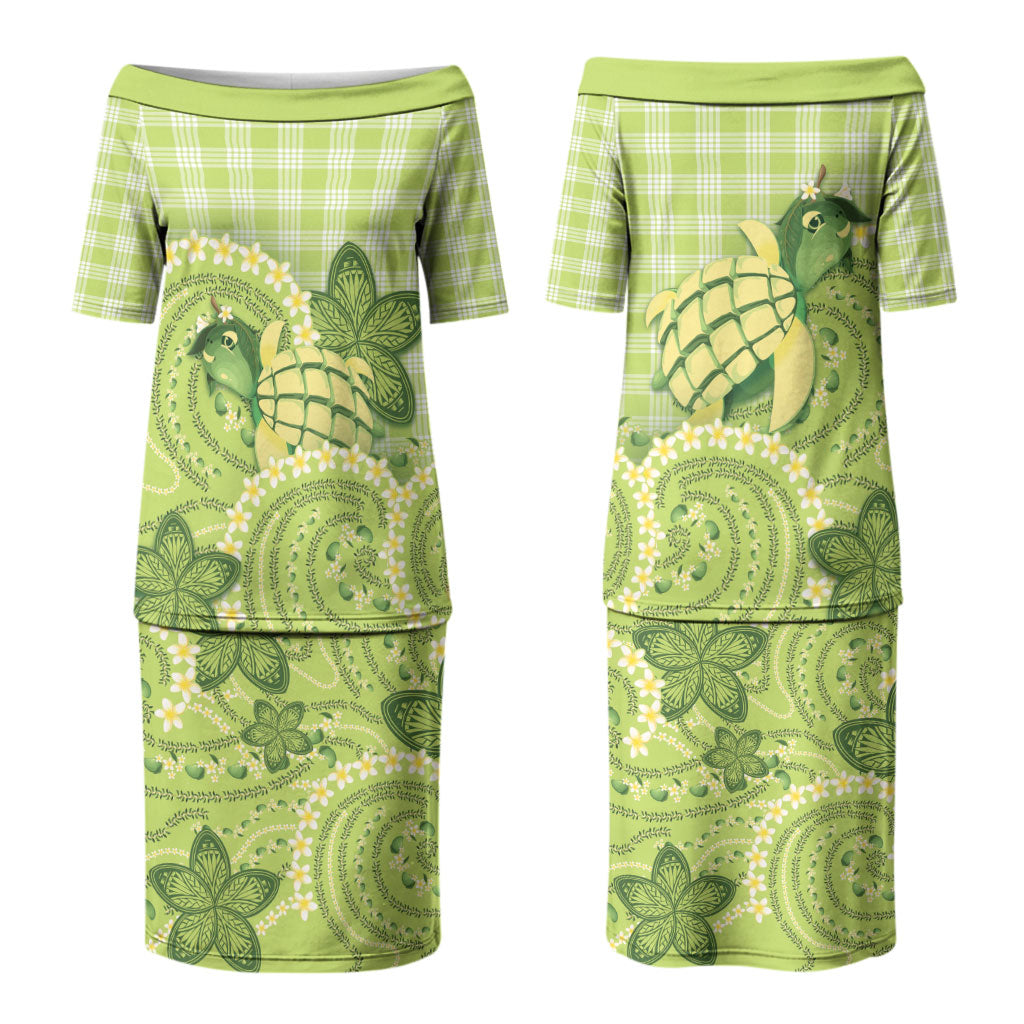 Hawaii Palaka Family Matching Puletasi and Hawaiian Shirt Cute Green Mango Turtle On The Waves DT05 Mom's Dress Green - Polynesian Pride
