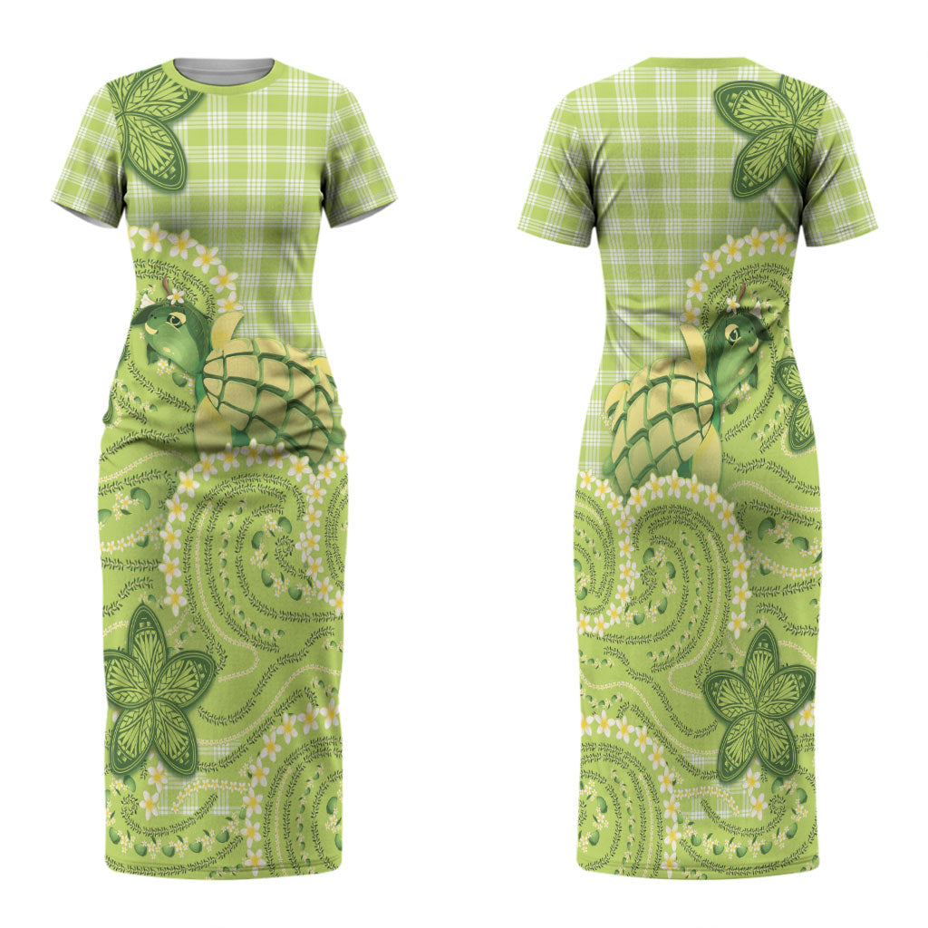 Hawaii Palaka Family Matching Short Sleeve Bodycon Dress and Hawaiian Shirt Cute Green Mango Turtle On The Waves DT05 Mom's Dress Green - Polynesian Pride
