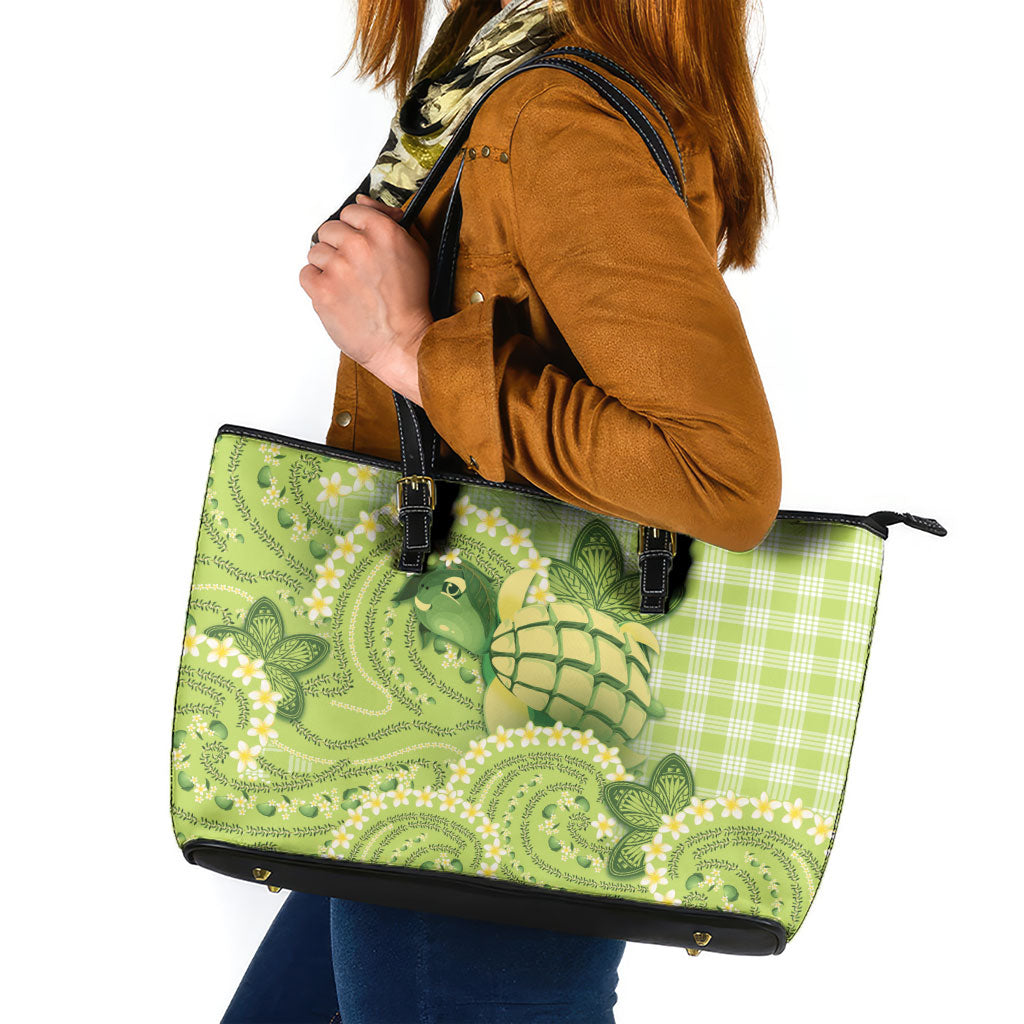 Hawaii Palaka Leather Tote Bag Cute Green Mango Turtle On The Waves