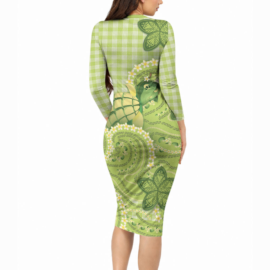 Hawaii Palaka Long Sleeve Bodycon Dress Cute Green Mango Turtle On The Waves