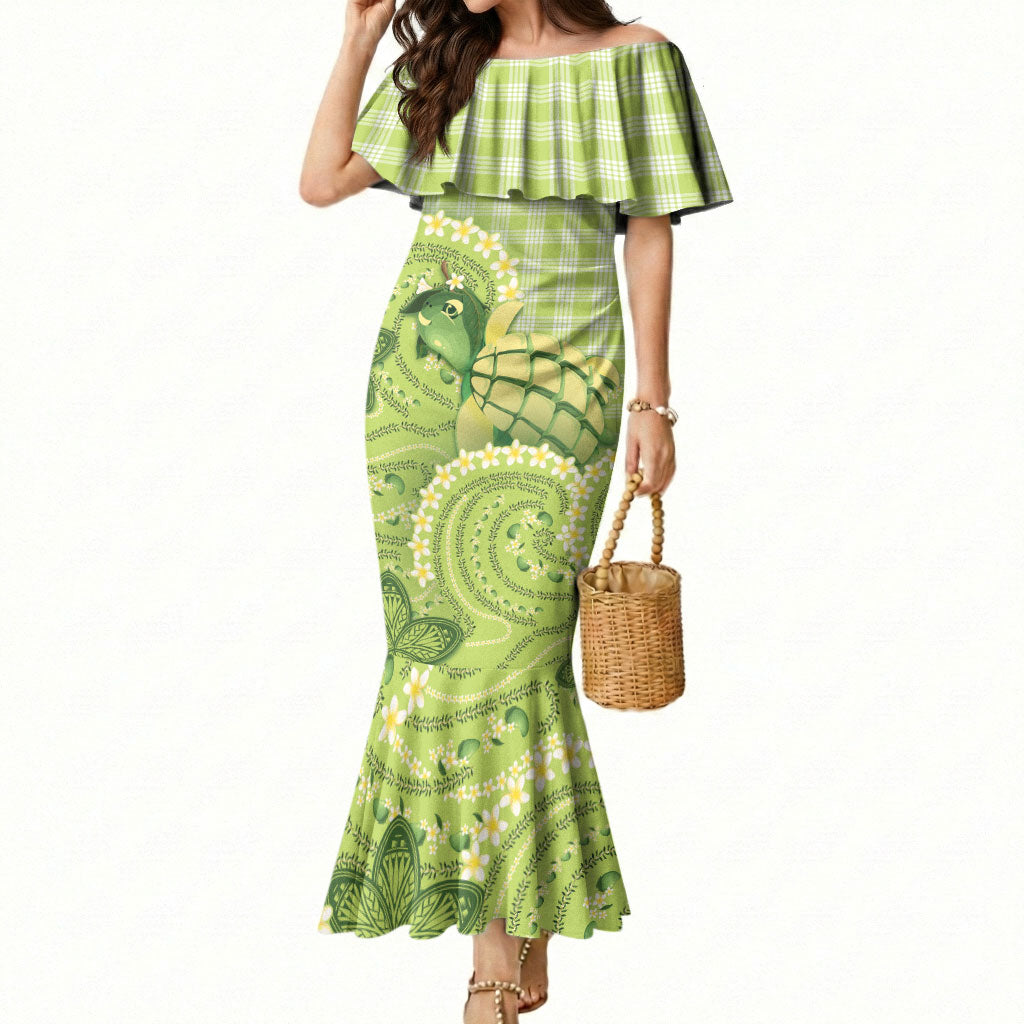 Hawaii Palaka Mermaid Dress Cute Green Mango Turtle On The Waves