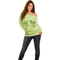 Hawaii Palaka Off Shoulder Sweater Cute Green Mango Turtle On The Waves DT05 - Polynesian Pride