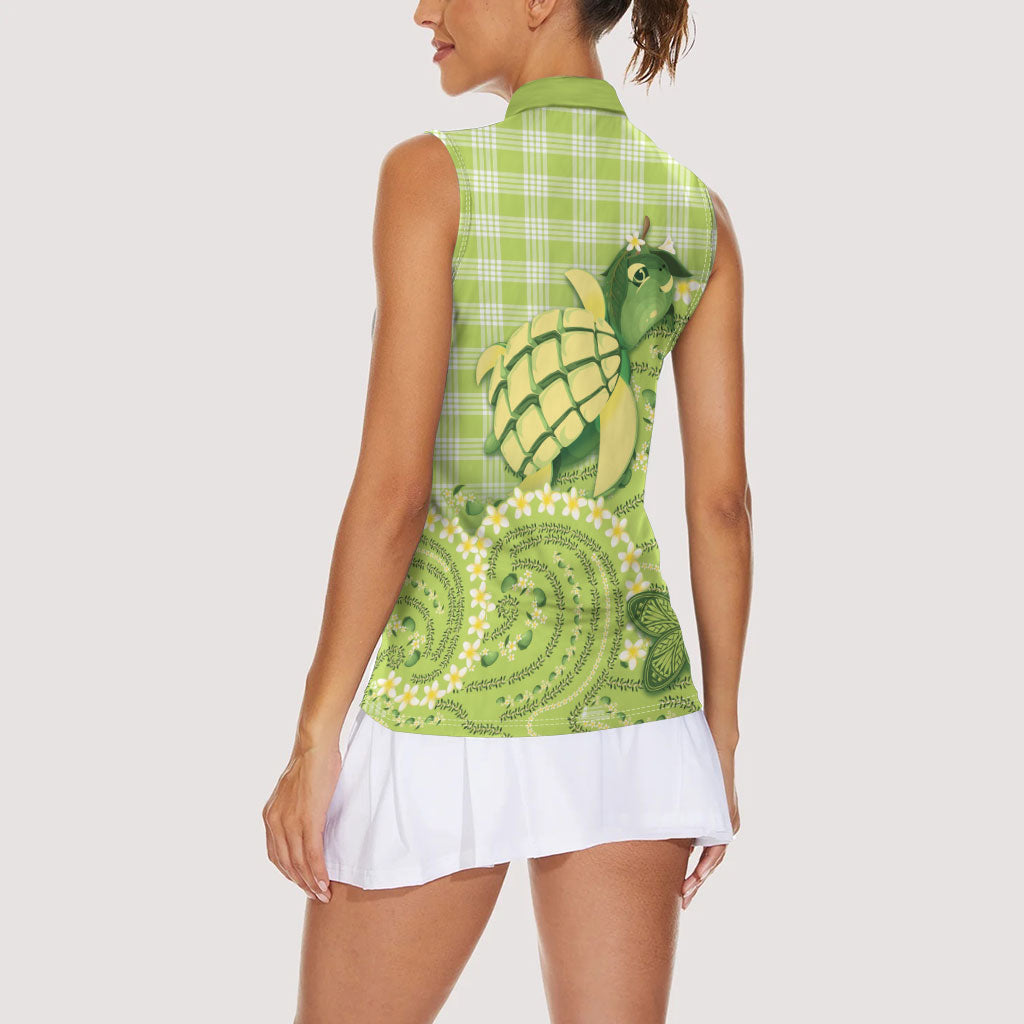 Hawaii Palaka Women Sleeveless Polo Shirt Cute Green Mango Turtle On The Waves