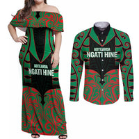 Custom Aotearoa Ngati Hine Couples Matching Off Shoulder Maxi Dress and Long Sleeve Button Shirt Maori Pattern New Zealand - Polynesian Pride