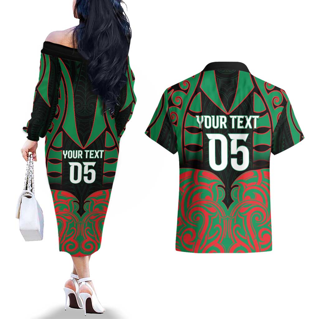 Custom Aotearoa Ngati Hine Couples Matching Off The Shoulder Long Sleeve Dress and Hawaiian Shirt Maori Pattern New Zealand - Polynesian Pride