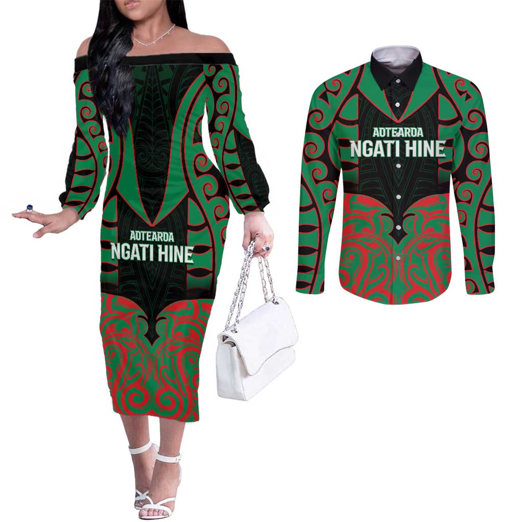 Custom Aotearoa Ngati Hine Couples Matching Off The Shoulder Long Sleeve Dress and Long Sleeve Button Shirt Maori Pattern New Zealand DT05 Green - Polynesian Pride