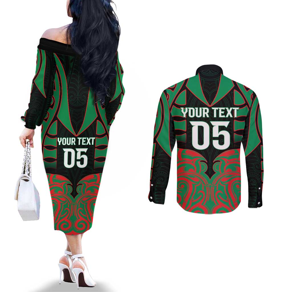 Custom Aotearoa Ngati Hine Couples Matching Off The Shoulder Long Sleeve Dress and Long Sleeve Button Shirt Maori Pattern New Zealand DT05 - Polynesian Pride