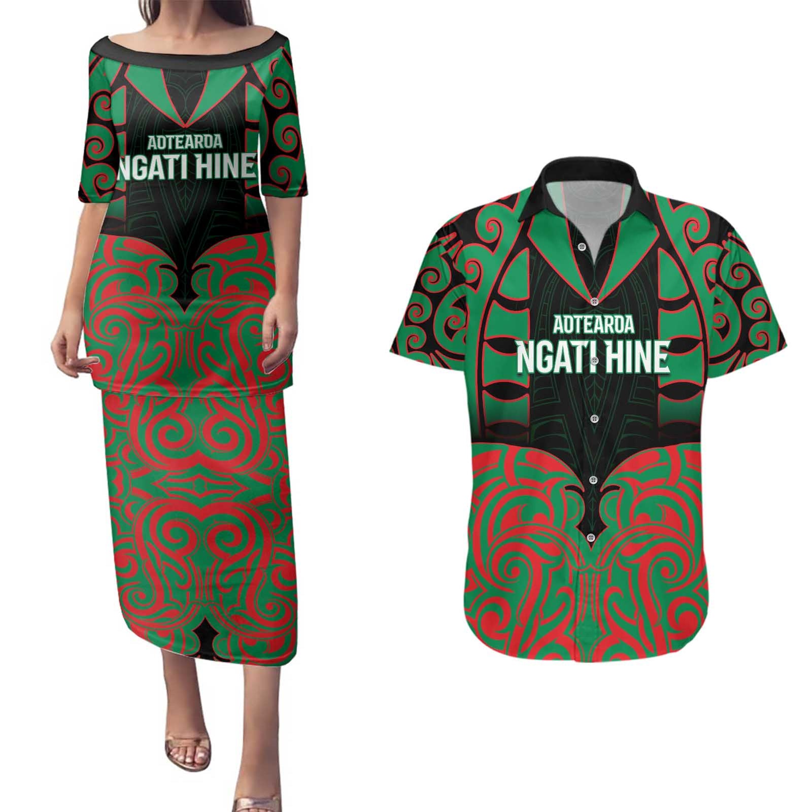 Custom Aotearoa Ngati Hine Couples Matching Puletasi and Hawaiian Shirt Maori Pattern New Zealand DT05 Green - Polynesian Pride