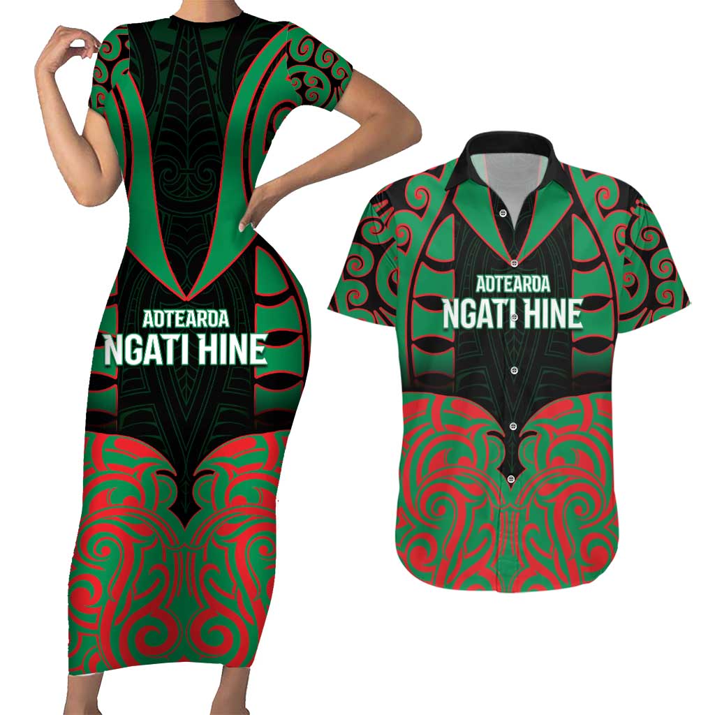 Custom Aotearoa Ngati Hine Couples Matching Short Sleeve Bodycon Dress and Hawaiian Shirt Maori Pattern New Zealand DT05 Green - Polynesian Pride