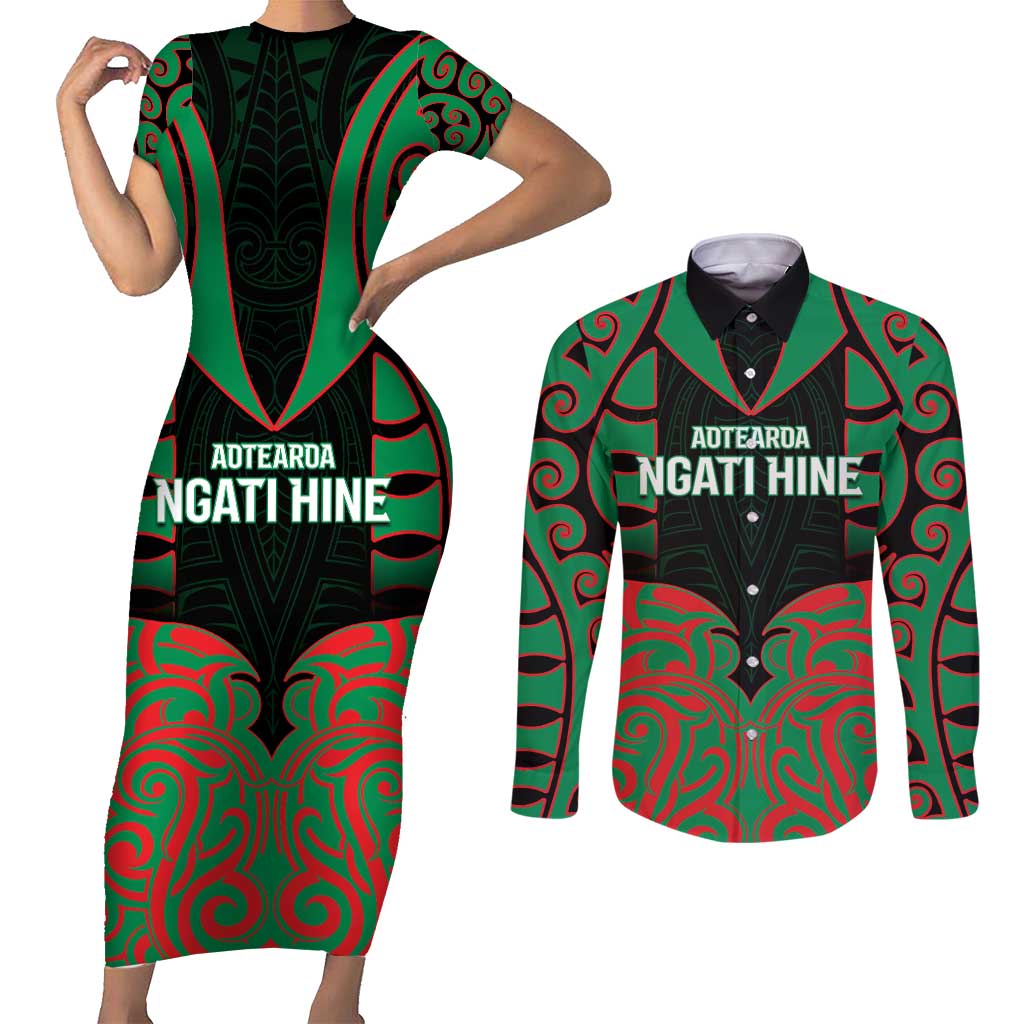 Custom Aotearoa Ngati Hine Couples Matching Short Sleeve Bodycon Dress and Long Sleeve Button Shirt Maori Pattern New Zealand DT05 Green - Polynesian Pride