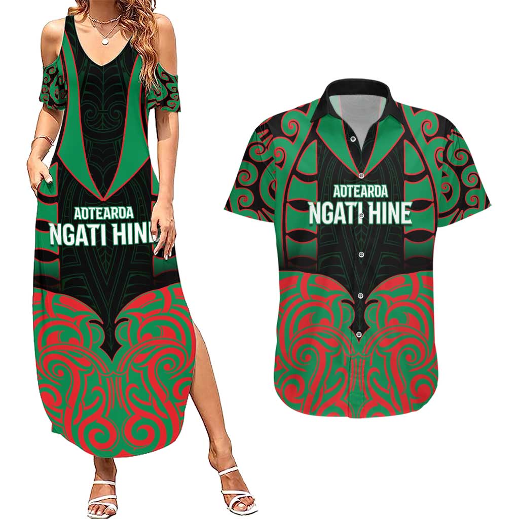 Custom Aotearoa Ngati Hine Couples Matching Summer Maxi Dress and Hawaiian Shirt Maori Pattern New Zealand DT05 Green - Polynesian Pride