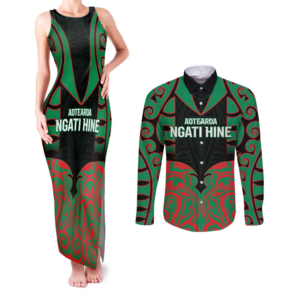 Custom Aotearoa Ngati Hine Couples Matching Tank Maxi Dress and Long Sleeve Button Shirt Maori Pattern New Zealand DT05 Green - Polynesian Pride