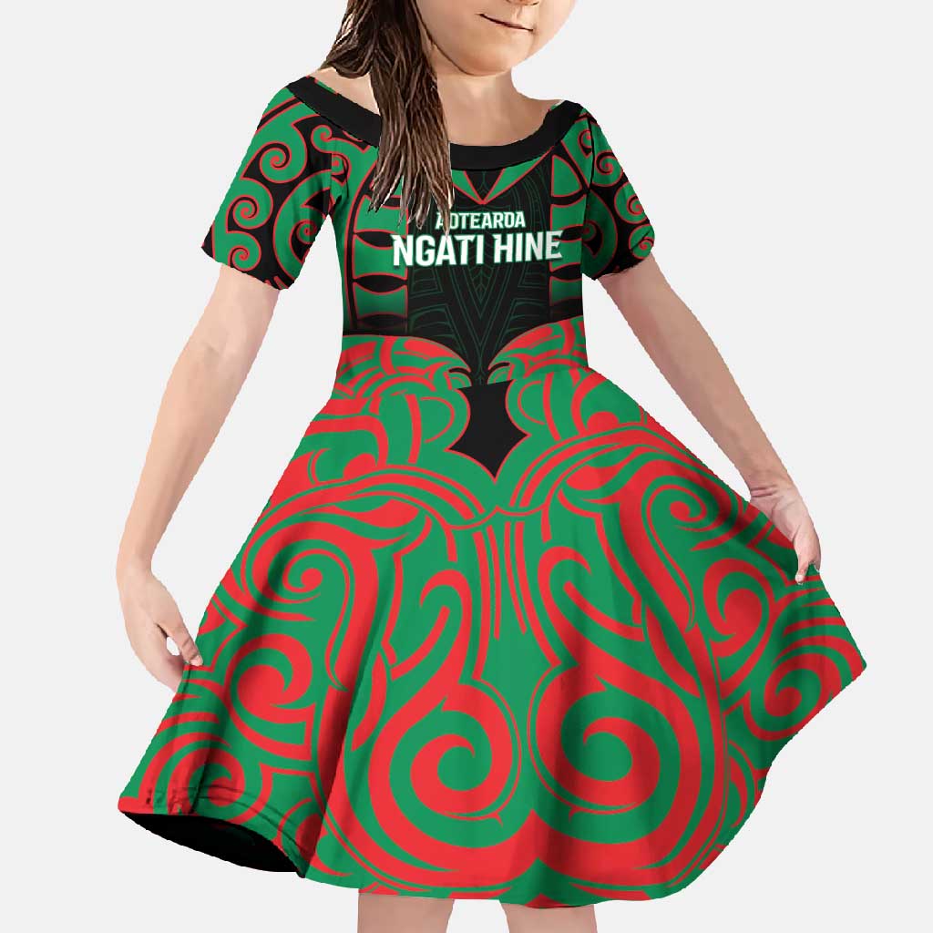 Custom Aotearoa Ngati Hine Family Matching Long Sleeve Bodycon Dress and Hawaiian Shirt Maori Pattern New Zealand DT05 Daughter's Dress Green - Polynesian Pride