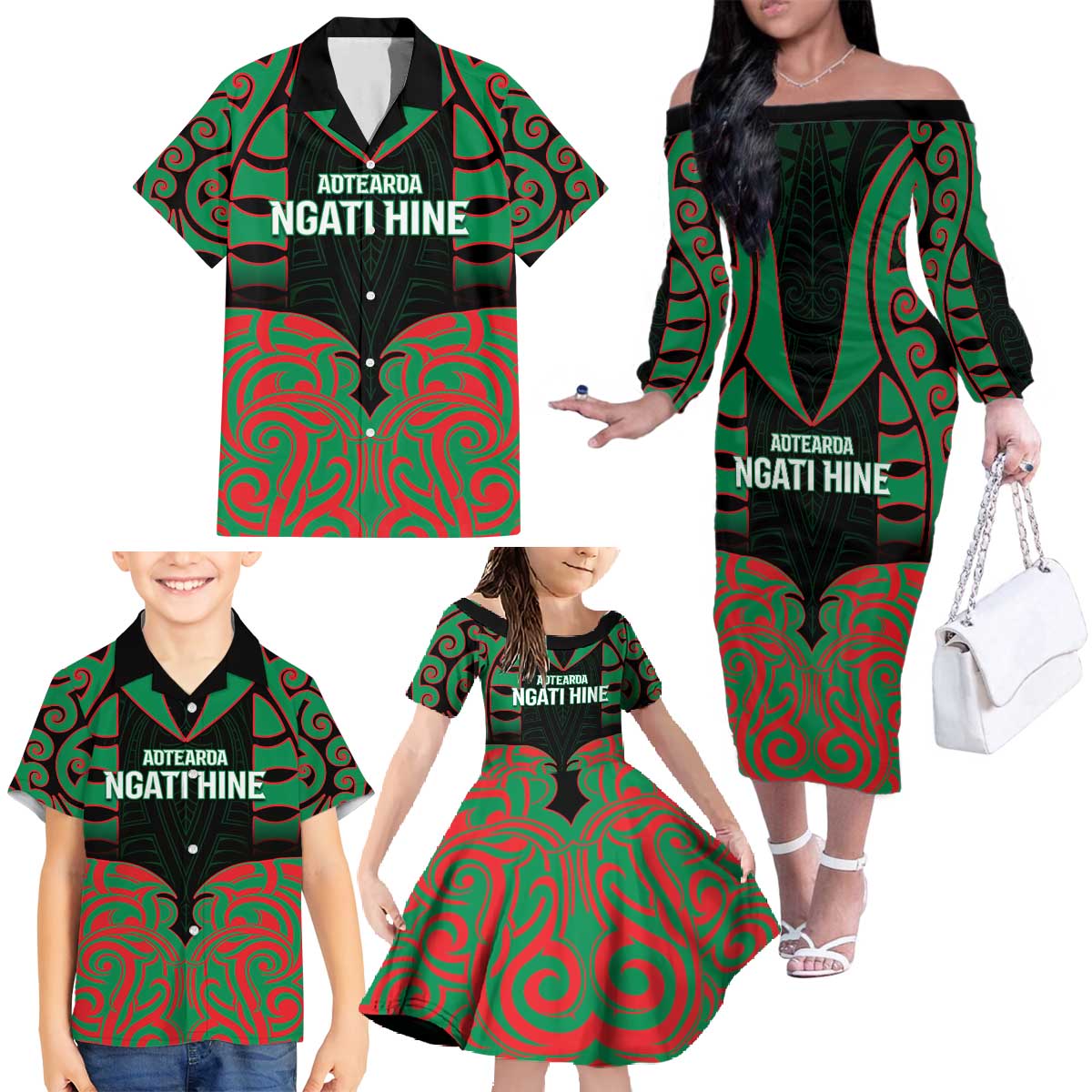 Custom Aotearoa Ngati Hine Family Matching Off The Shoulder Long Sleeve Dress and Hawaiian Shirt Maori Pattern New Zealand DT05 - Polynesian Pride
