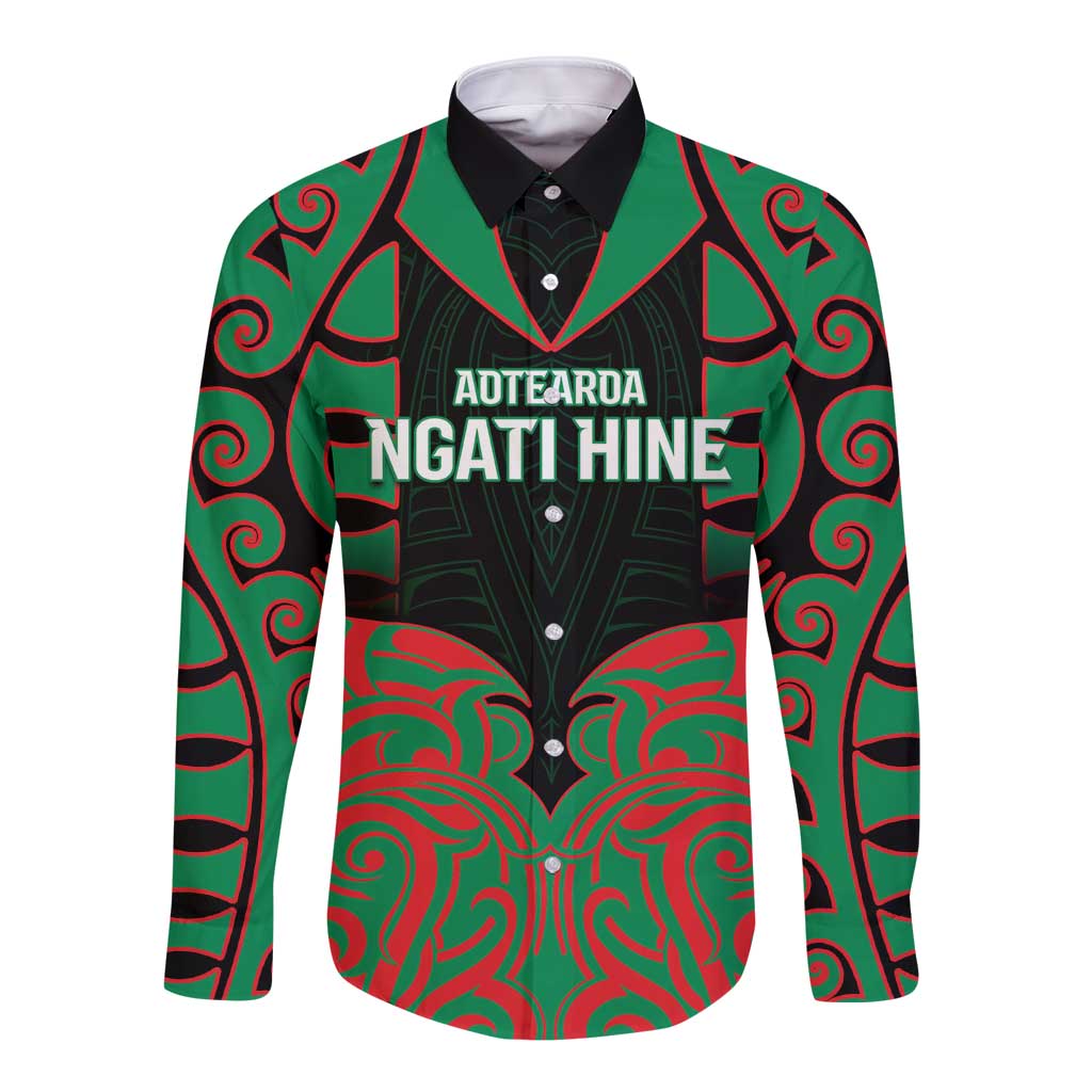 Custom Aotearoa Ngati Hine Long Sleeve Button Shirt Maori Pattern New Zealand DT05 Unisex Green - Polynesian Pride