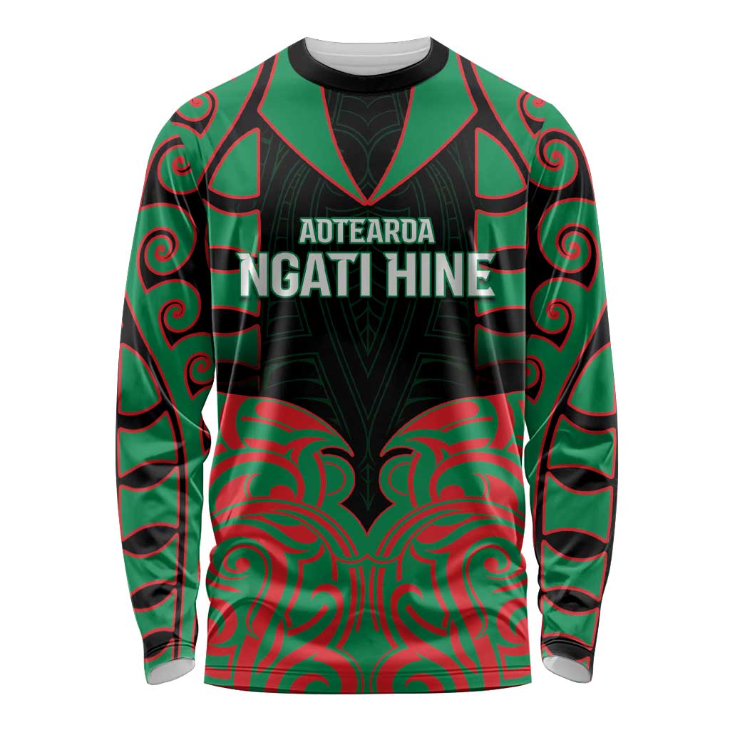 Custom Aotearoa Ngati Hine Long Sleeve Shirt Maori Pattern New Zealand DT05 Unisex Green - Polynesian Pride