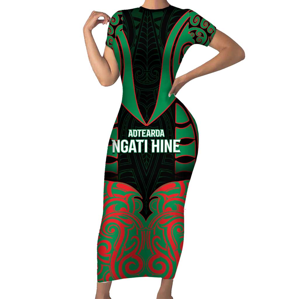 Custom Aotearoa Ngati Hine Short Sleeve Bodycon Dress Maori Pattern New Zealand - Polynesian Pride