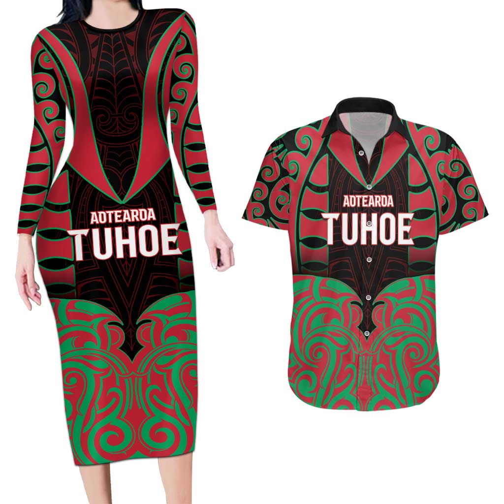 Custom Aotearoa Tuhoe Couples Matching Long Sleeve Bodycon Dress and Hawaiian Shirt Maori Pattern New Zealand DT05 Red - Polynesian Pride