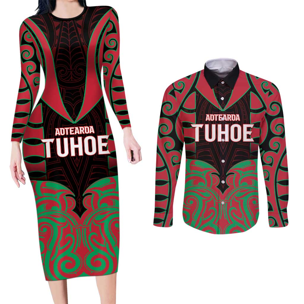 Custom Aotearoa Tuhoe Couples Matching Long Sleeve Bodycon Dress and Long Sleeve Button Shirt Maori Pattern New Zealand DT05 Red - Polynesian Pride