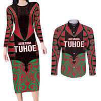 Custom Aotearoa Tuhoe Couples Matching Long Sleeve Bodycon Dress and Long Sleeve Button Shirt Maori Pattern New Zealand DT05 Red - Polynesian Pride