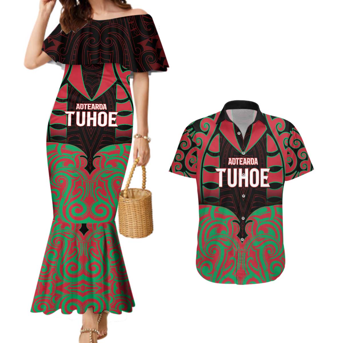 Custom Aotearoa Tuhoe Couples Matching Mermaid Dress and Hawaiian Shirt Maori Pattern New Zealand DT05 Red - Polynesian Pride