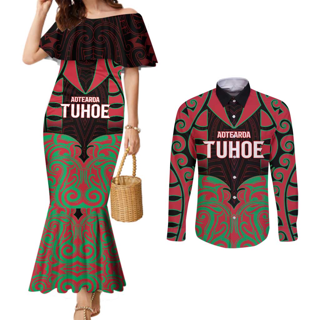 Custom Aotearoa Tuhoe Couples Matching Mermaid Dress and Long Sleeve Button Shirt Maori Pattern New Zealand DT05 Red - Polynesian Pride