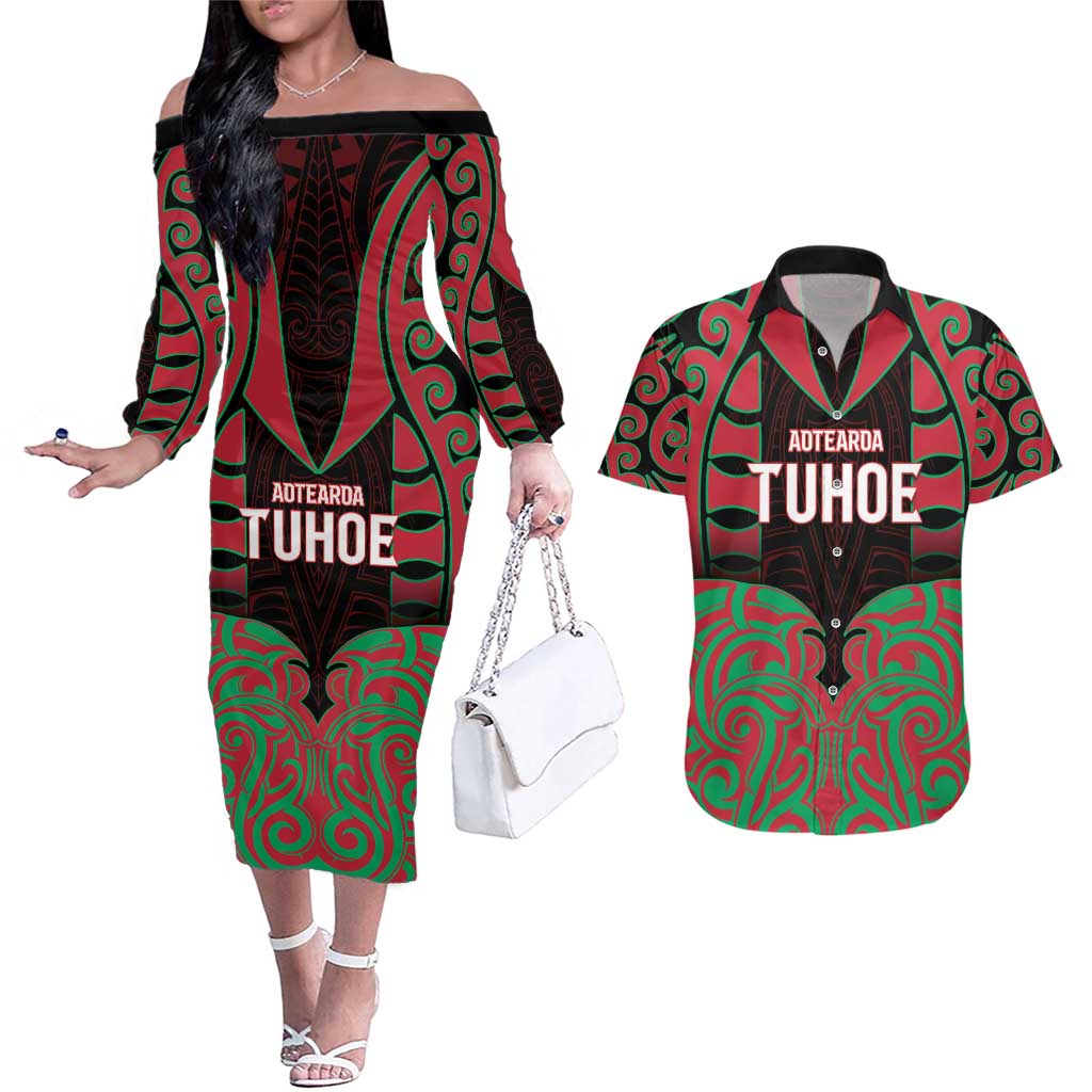 Custom Aotearoa Tuhoe Couples Matching Off The Shoulder Long Sleeve Dress and Hawaiian Shirt Maori Pattern New Zealand DT05 Red - Polynesian Pride