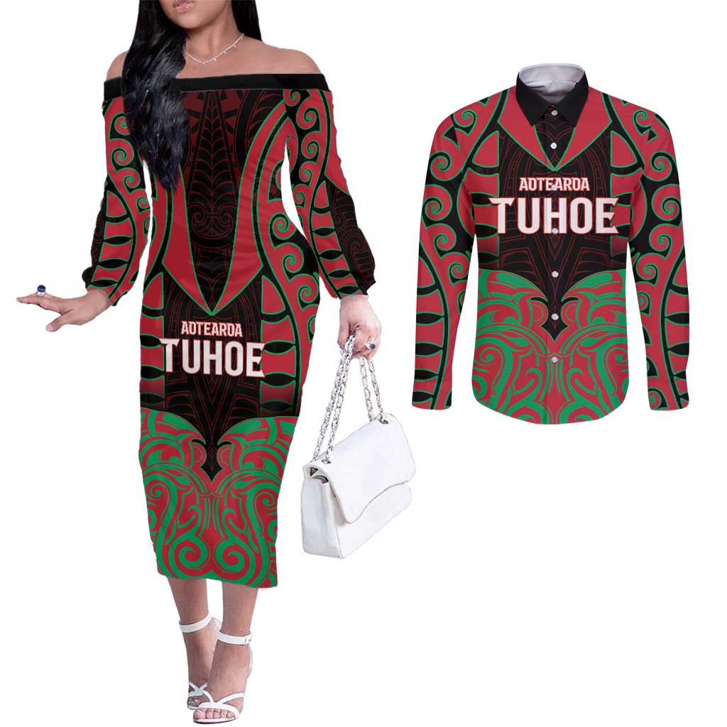 Custom Aotearoa Tuhoe Couples Matching Off The Shoulder Long Sleeve Dress and Long Sleeve Button Shirt Maori Pattern New Zealand DT05 Red - Polynesian Pride