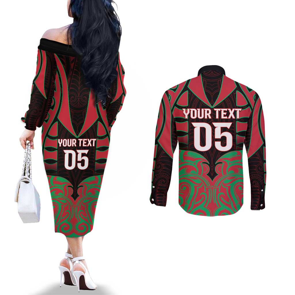 Custom Aotearoa Tuhoe Couples Matching Off The Shoulder Long Sleeve Dress and Long Sleeve Button Shirt Maori Pattern New Zealand DT05 - Polynesian Pride