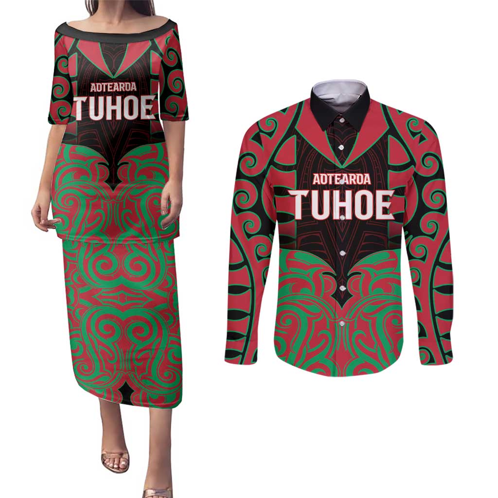 Custom Aotearoa Tuhoe Couples Matching Puletasi and Long Sleeve Button Shirt Maori Pattern New Zealand DT05 Red - Polynesian Pride