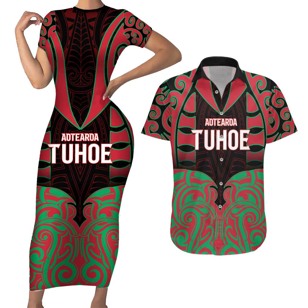 Custom Aotearoa Tuhoe Couples Matching Short Sleeve Bodycon Dress and Hawaiian Shirt Maori Pattern New Zealand DT05 Red - Polynesian Pride