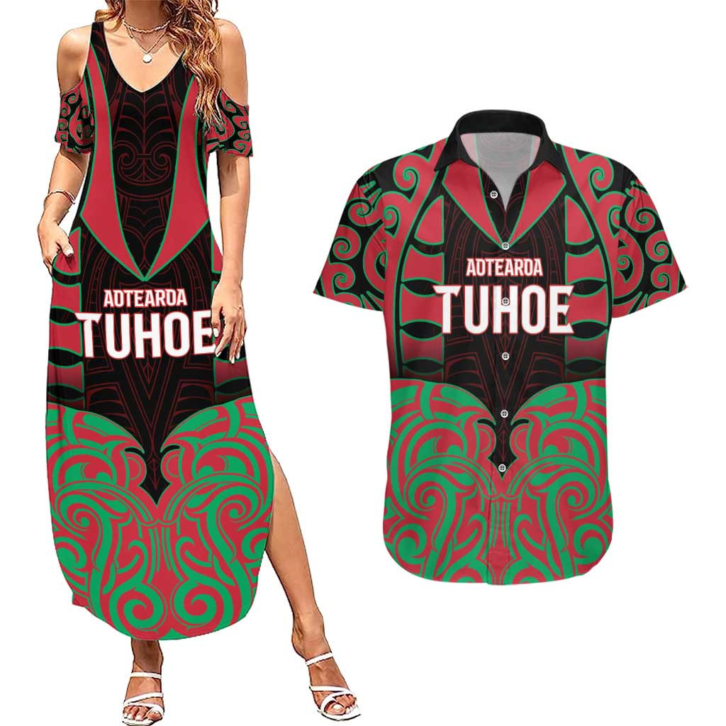 Custom Aotearoa Tuhoe Couples Matching Summer Maxi Dress and Hawaiian Shirt Maori Pattern New Zealand DT05 Red - Polynesian Pride