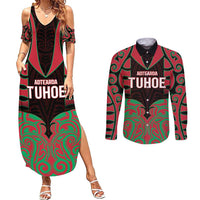 Custom Aotearoa Tuhoe Couples Matching Summer Maxi Dress and Long Sleeve Button Shirt Maori Pattern New Zealand DT05 Red - Polynesian Pride