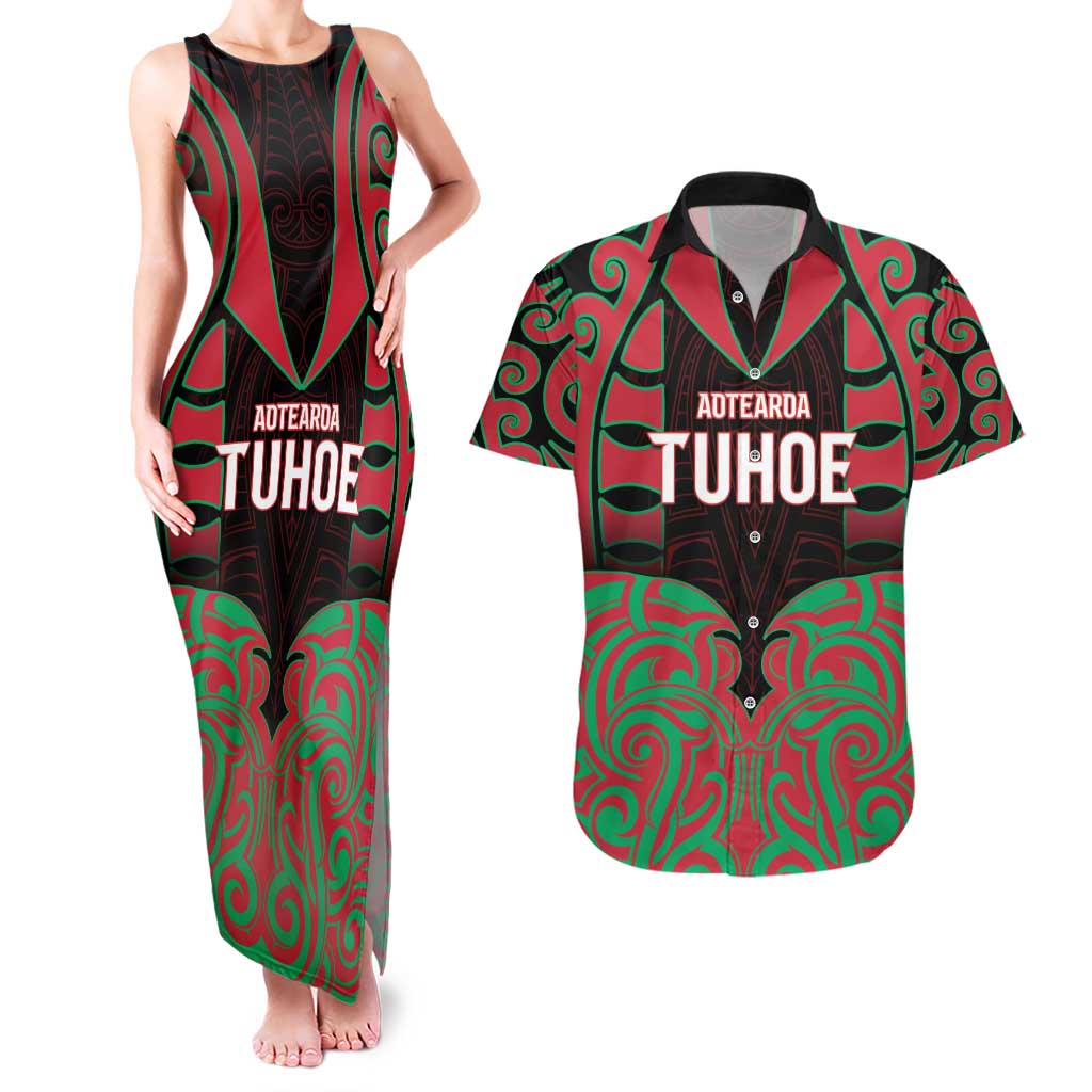 Custom Aotearoa Tuhoe Couples Matching Tank Maxi Dress and Hawaiian Shirt Maori Pattern New Zealand DT05 Red - Polynesian Pride