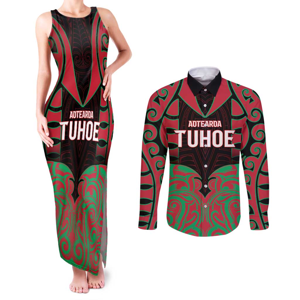 Custom Aotearoa Tuhoe Couples Matching Tank Maxi Dress and Long Sleeve Button Shirt Maori Pattern New Zealand DT05 Red - Polynesian Pride