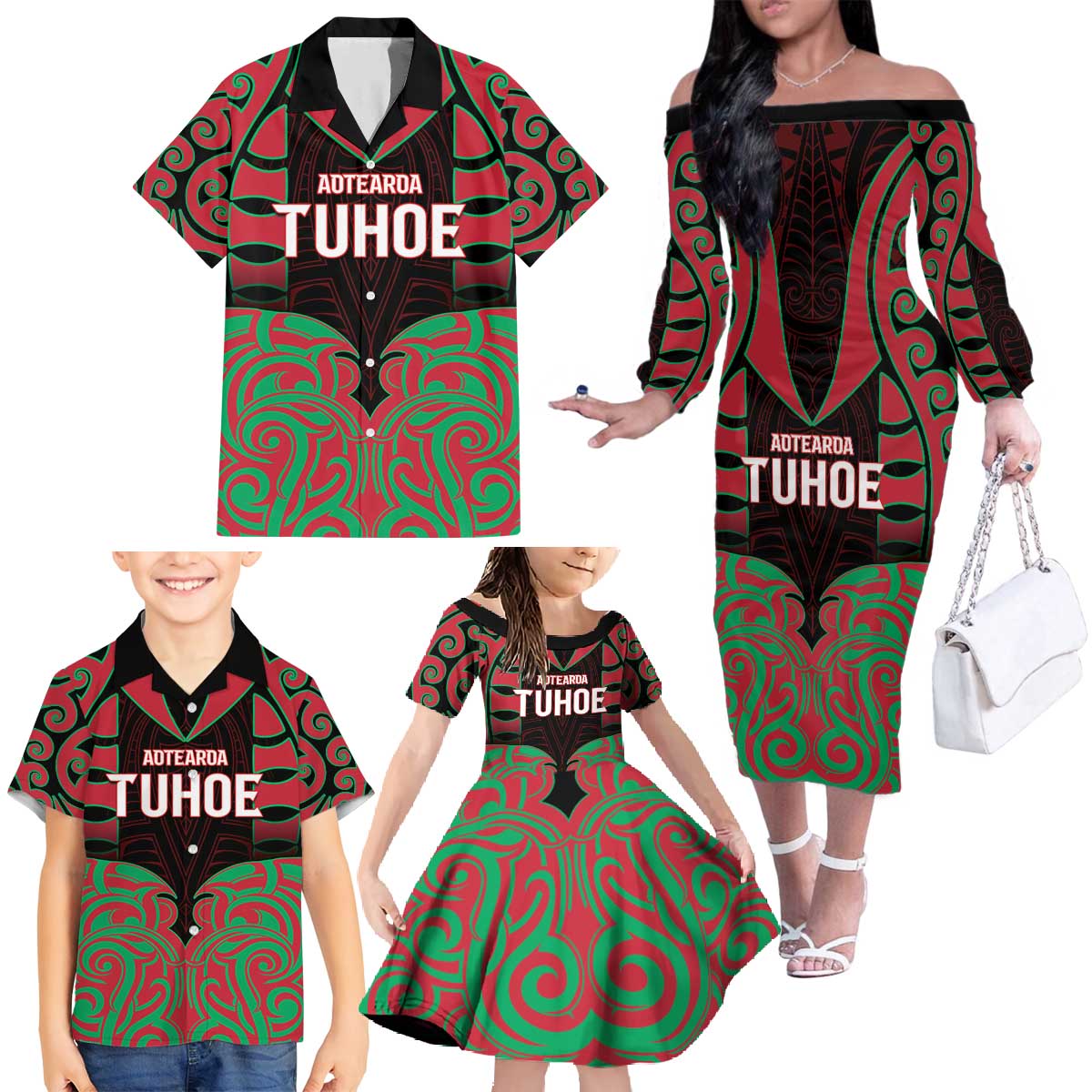 Custom Aotearoa Tuhoe Family Matching Off The Shoulder Long Sleeve Dress and Hawaiian Shirt Maori Pattern New Zealand DT05 - Polynesian Pride