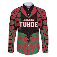 Custom Aotearoa Tuhoe Family Matching Off The Shoulder Long Sleeve Dress and Hawaiian Shirt Maori Pattern New Zealand DT05 Dad's Shirt - Long Sleeve Red - Polynesian Pride