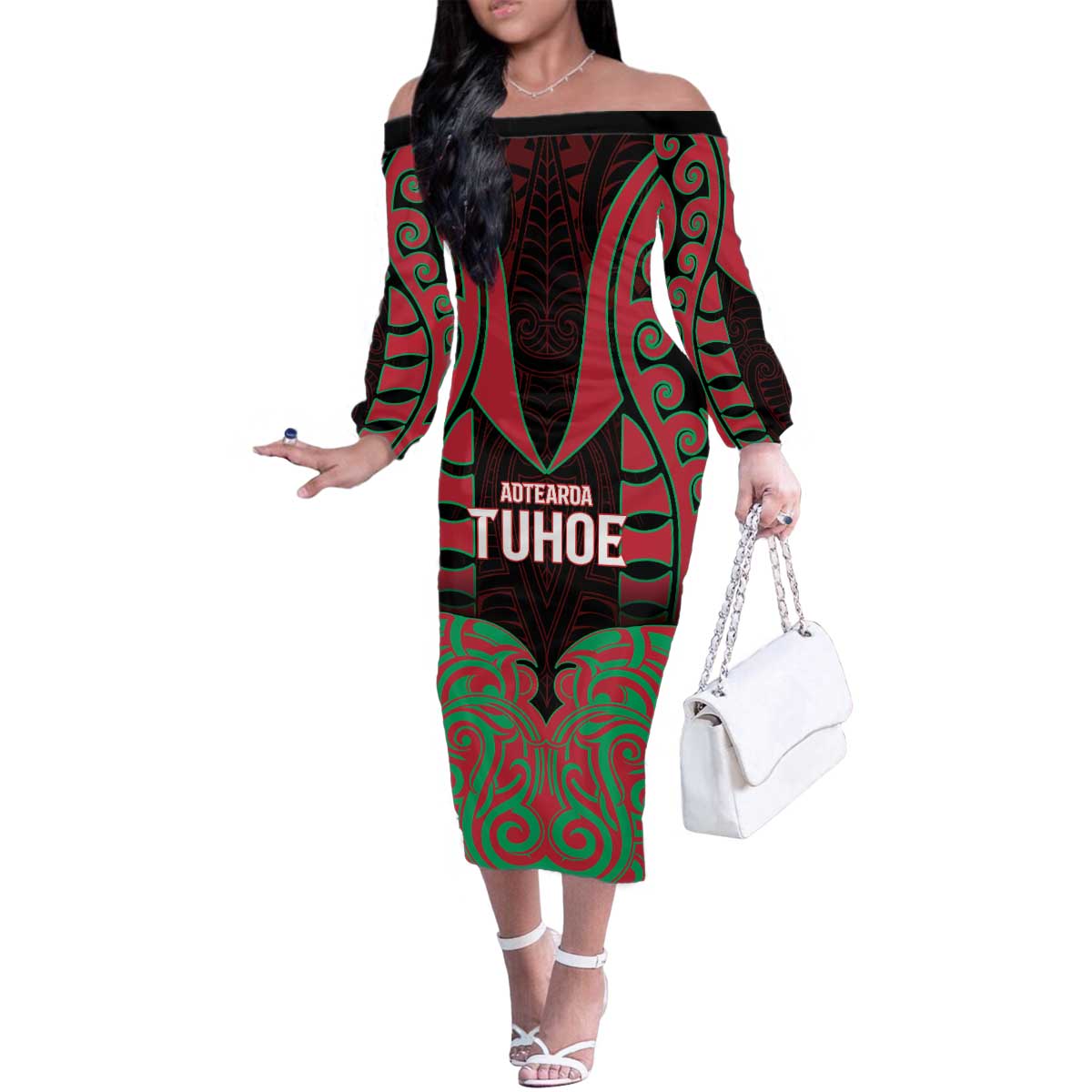 Custom Aotearoa Tuhoe Family Matching Off The Shoulder Long Sleeve Dress and Hawaiian Shirt Maori Pattern New Zealand DT05 Mom's Dress Red - Polynesian Pride