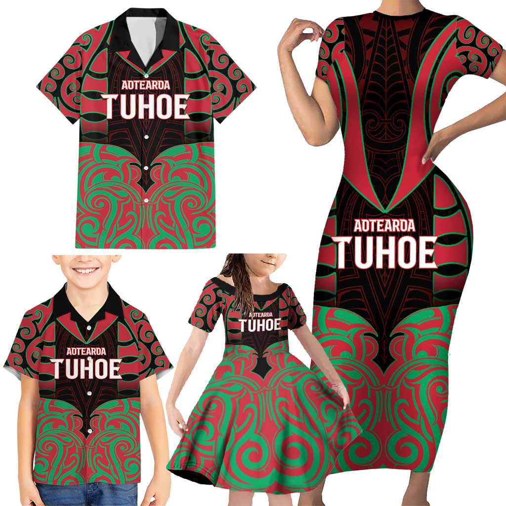 Custom Aotearoa Tuhoe Family Matching Short Sleeve Bodycon Dress and Hawaiian Shirt Maori Pattern New Zealand DT05 - Polynesian Pride
