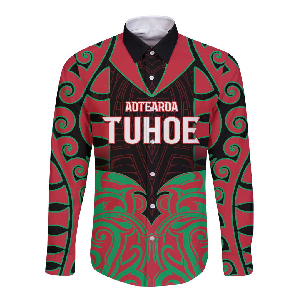 Custom Aotearoa Tuhoe Long Sleeve Button Shirt Maori Pattern New Zealand DT05 Unisex Red - Polynesian Pride