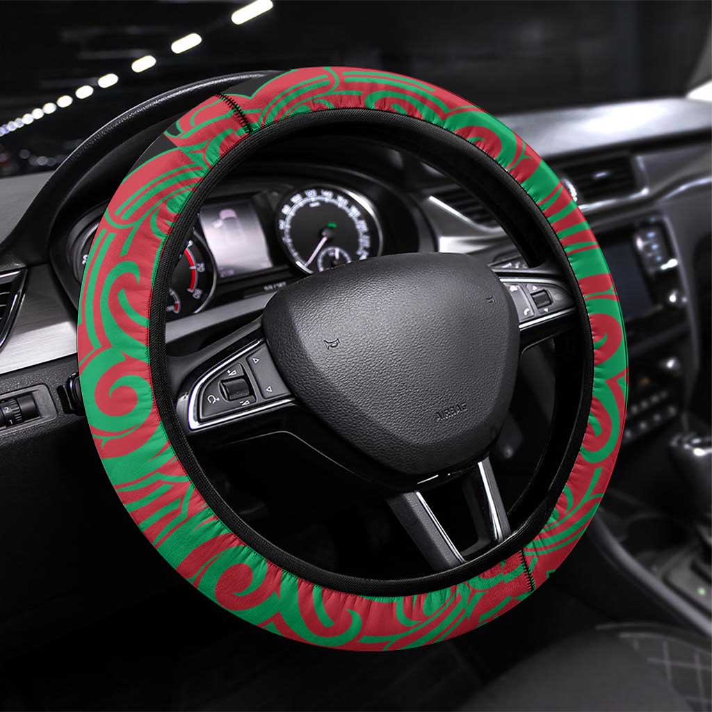 Aotearoa Tuhoe Steering Wheel Cover Maori Pattern New Zealand DT05 Universal Fit Red - Polynesian Pride