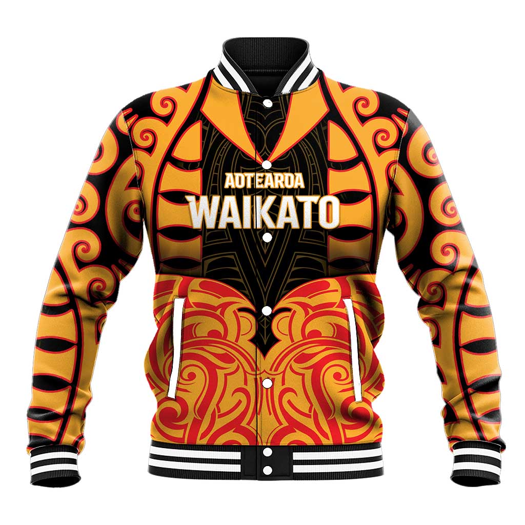 Custom Aotearoa Waikato Baseball Jacket Maori Pattern New Zealand DT05 Unisex Orange - Polynesian Pride