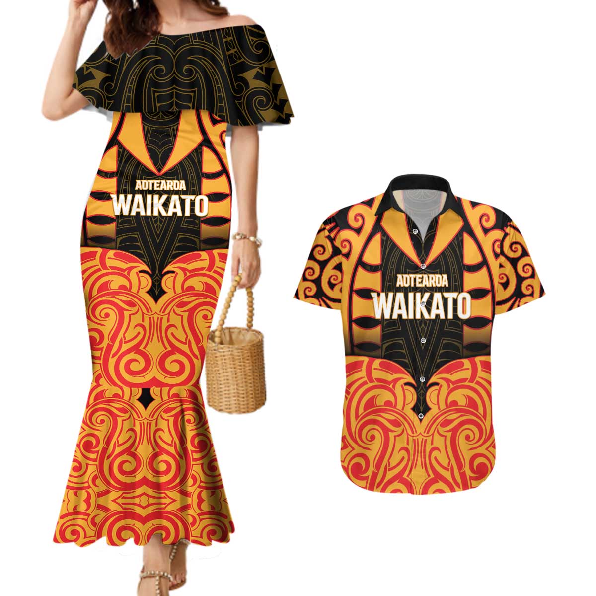 Custom Aotearoa Waikato Couples Matching Mermaid Dress and Hawaiian Shirt Maori Pattern New Zealand DT05 Orange - Polynesian Pride